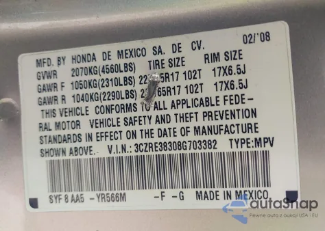 2008 Honda Cr-V Lx from USA, damaged, VIN 3CZRE38308G703382